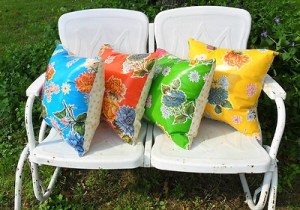 OIl cloth cushions on a bench