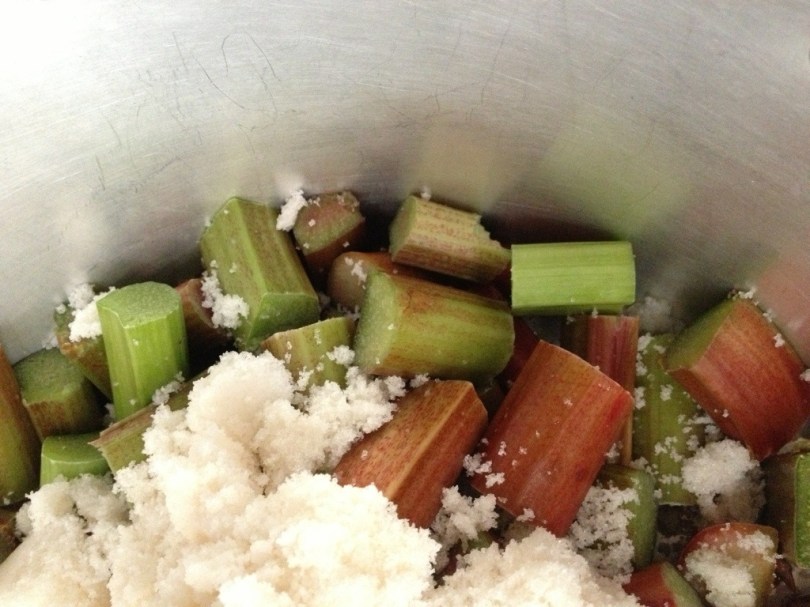 Cut rhubarb into 1 inch chunks (roughly) and place in the pan with the sugar over a low heat. Keep stirring