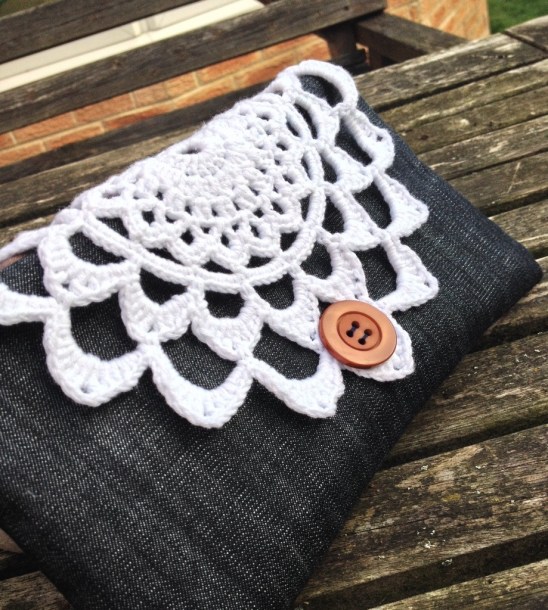 Crochet and denim purse