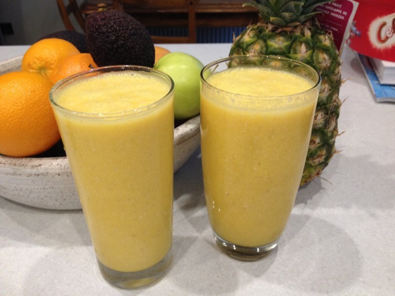 Tropical Breakfast Smoothie  Orange, banana, small handful grated coconut, handful oats.  Went down a treat with everyone.