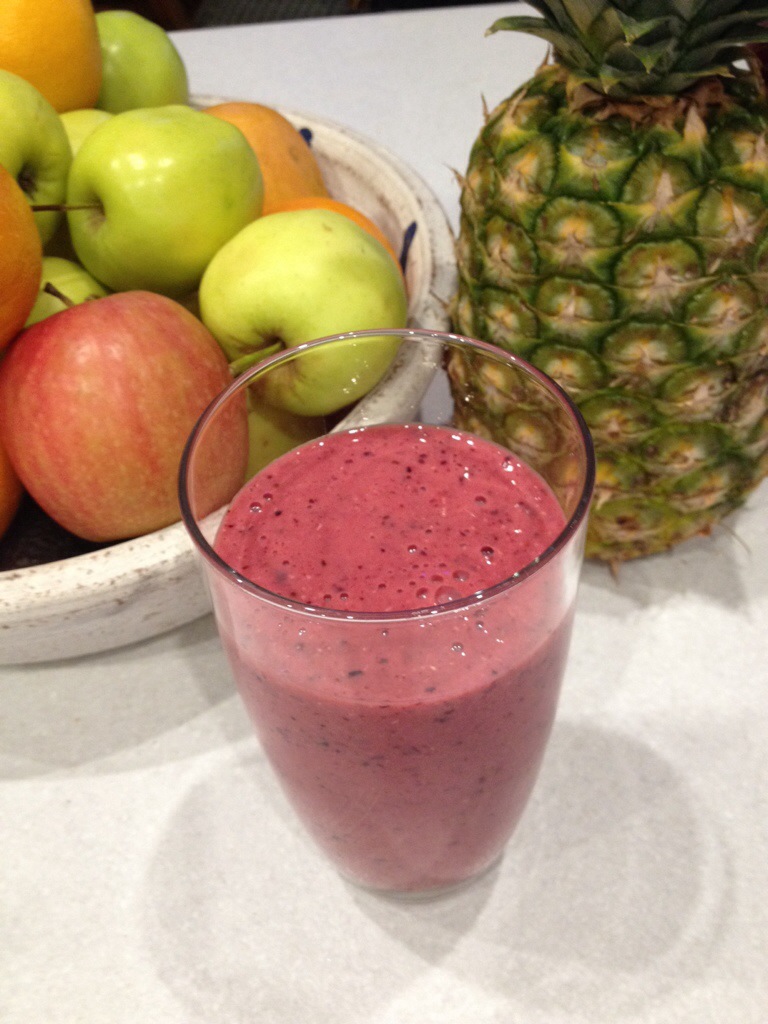 Ultimate Breakfast Smoothie 3 oranges, 1 lime, 1tbp Museli, 3 tbp Nat yog, handful frozen berries, pinch cinnamon. A great favourite with everyone